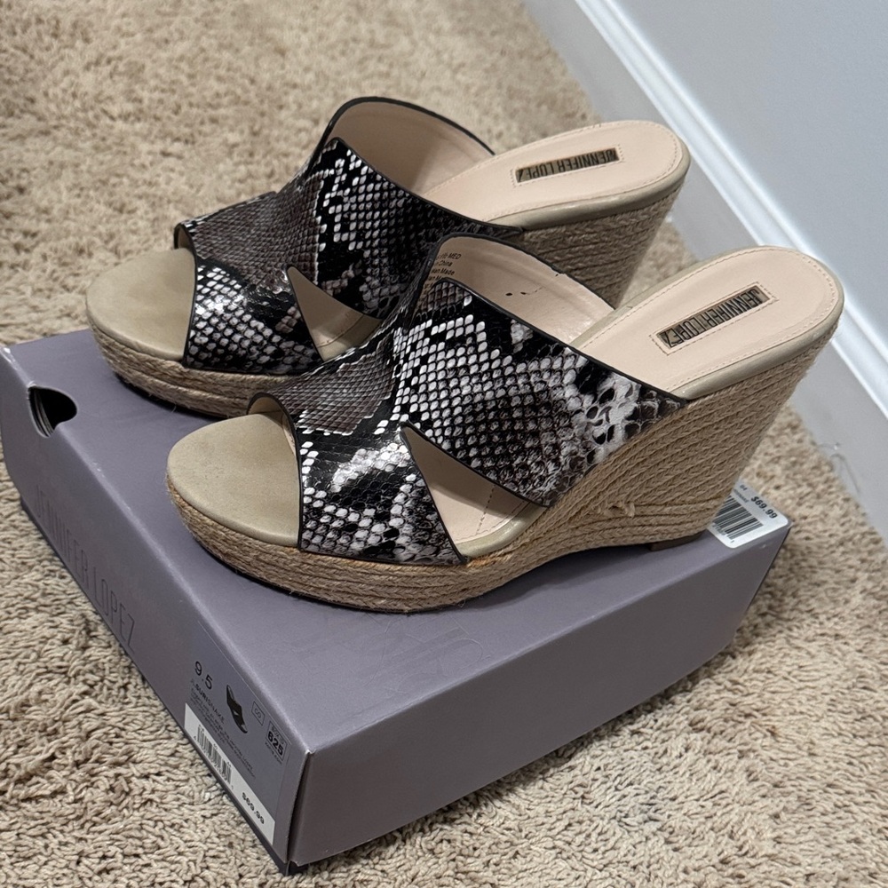 Jennifer Lopez Black and Tan Snake Print Wedges